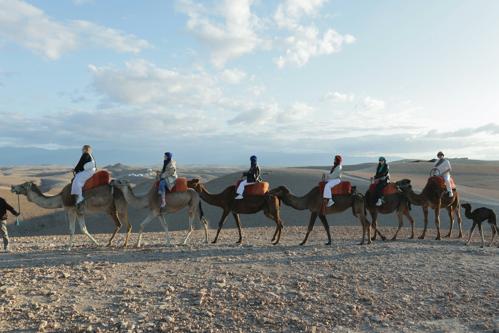 A camel caravan crossing the Agafay desert near Marrakech at golden hour