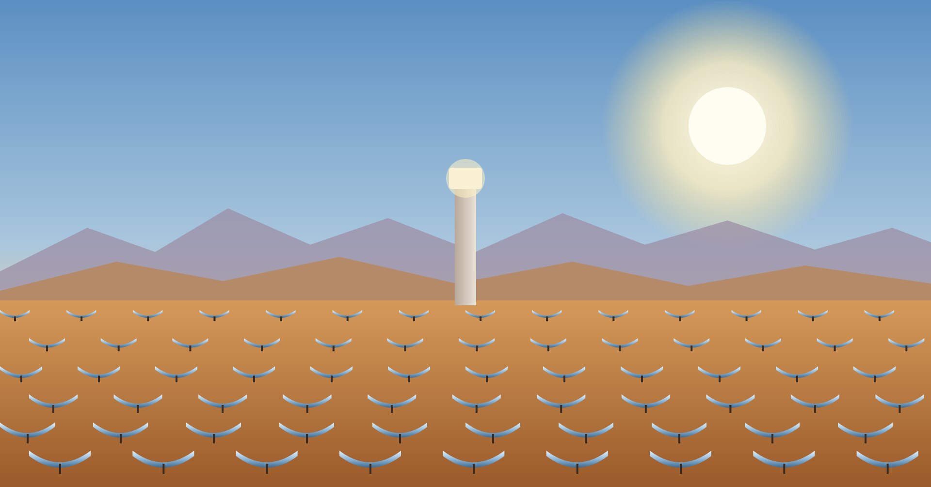 Energía solar en Marruecos: ilustración de espejos solares y torre en el desierto cerca de Ouarzazate