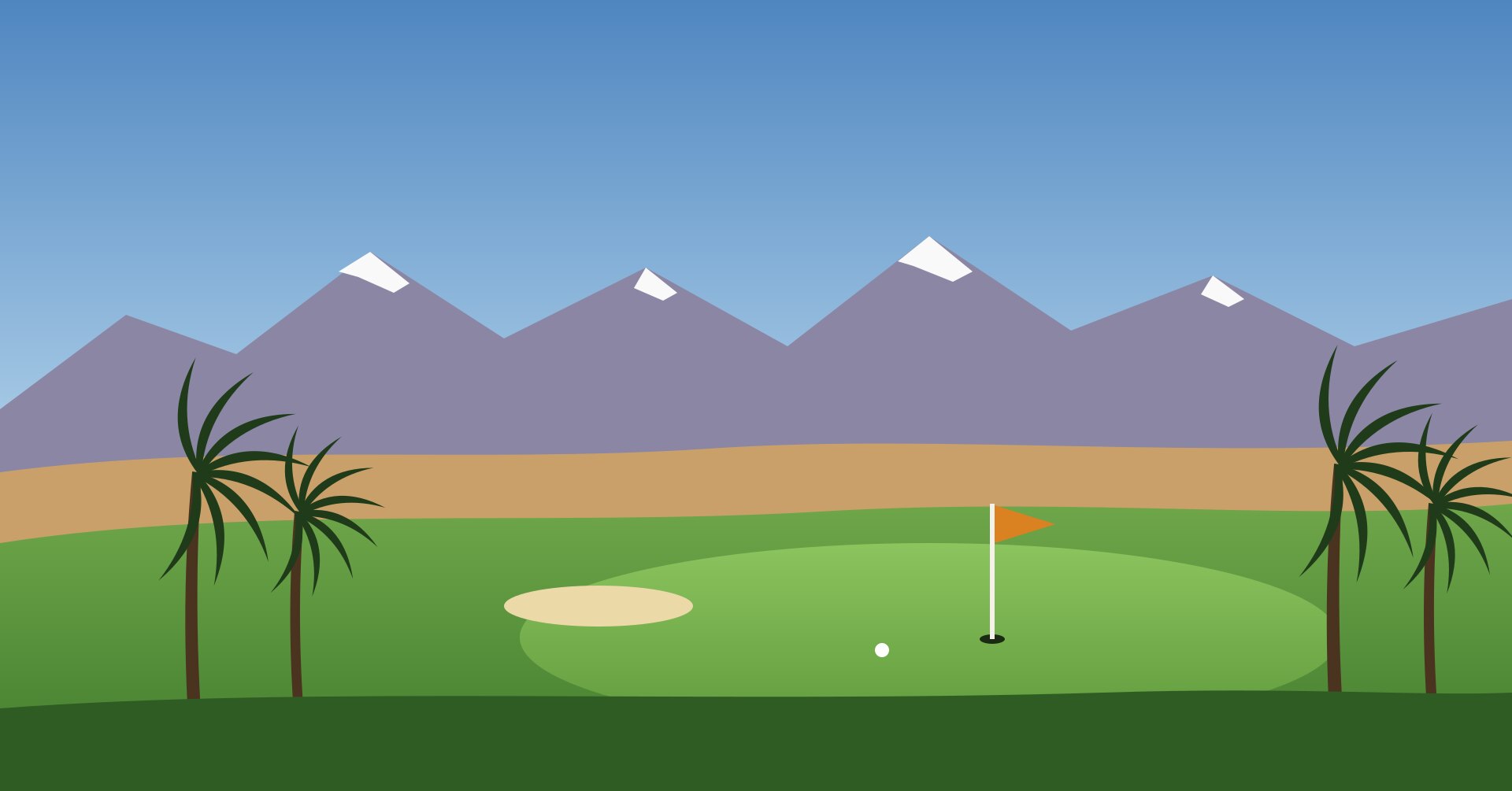 Golf en Marruecos: ilustración de un green con palmeras y las montañas nevadas del Atlas