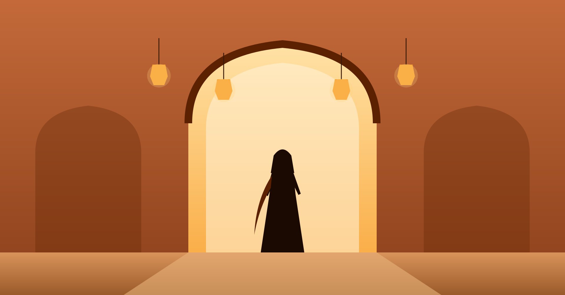 Qué ropa llevar en Marruecos: ilustración de una mujer con vestido largo y pañuelo bajo un arco de la medina