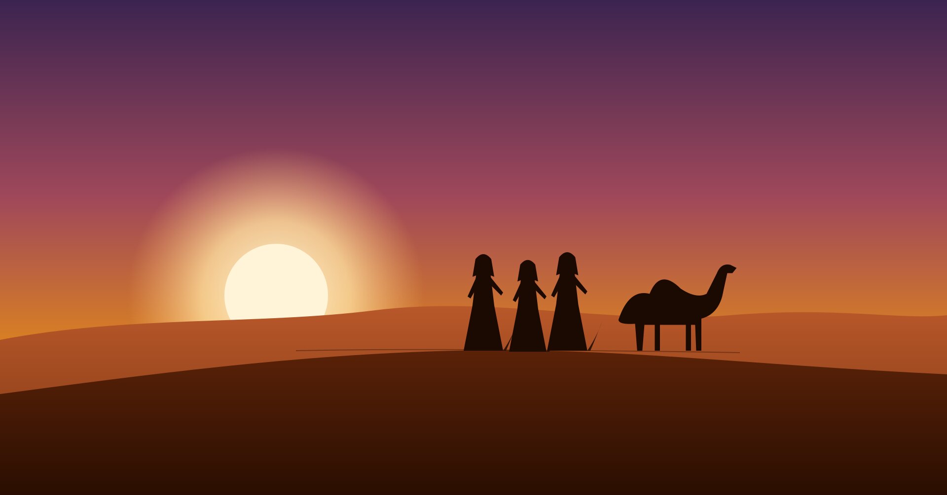 Viajes en grupo para mujeres en Marruecos: ilustración de un grupo de mujeres caminando por las dunas del Sahara al atardecer