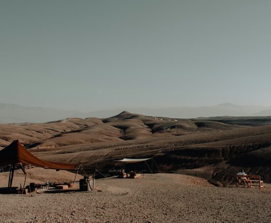 A traditional Berber-style tent camp set up in the Agafay desert near Marrakech