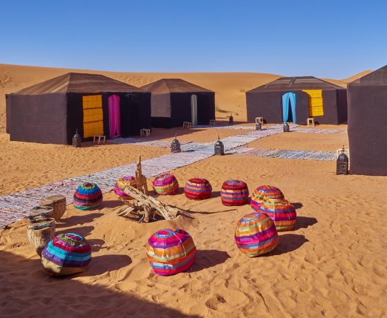 Traditional Sahara desert camp among the dunes in Morocco