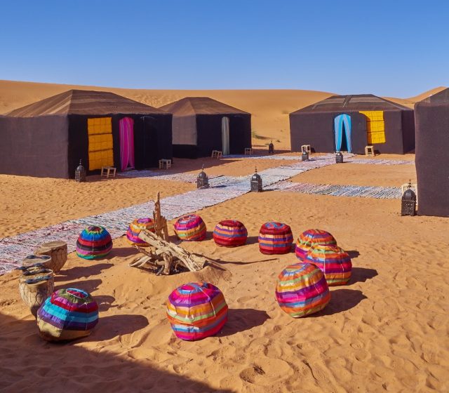 Traditional Sahara desert camp among the dunes in Morocco