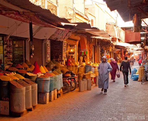 A busy souk in the Marrakech medina, Morocco